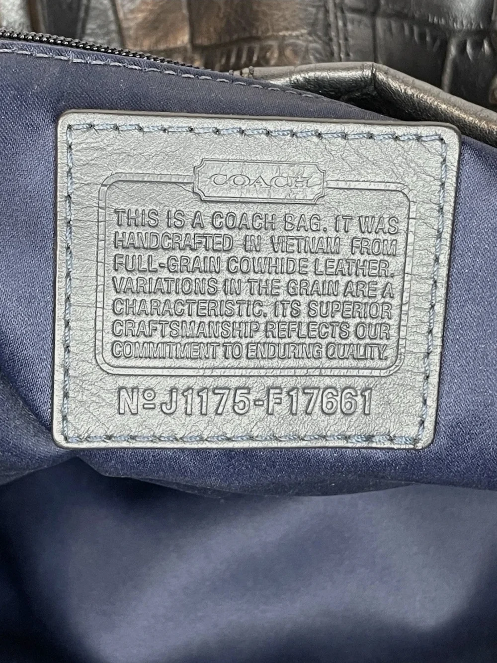 Coach Navy Grey leather Croc-Embossed Tote with Chain Handles